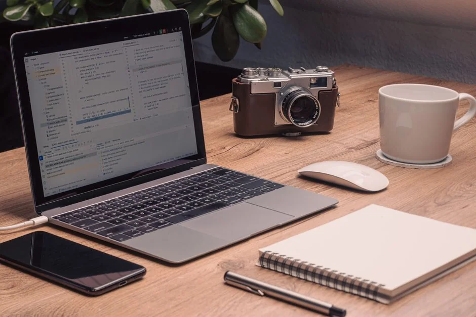 Portable computer with website representing assorted abstract photos under favorites and browser search engine with magnifier symbol